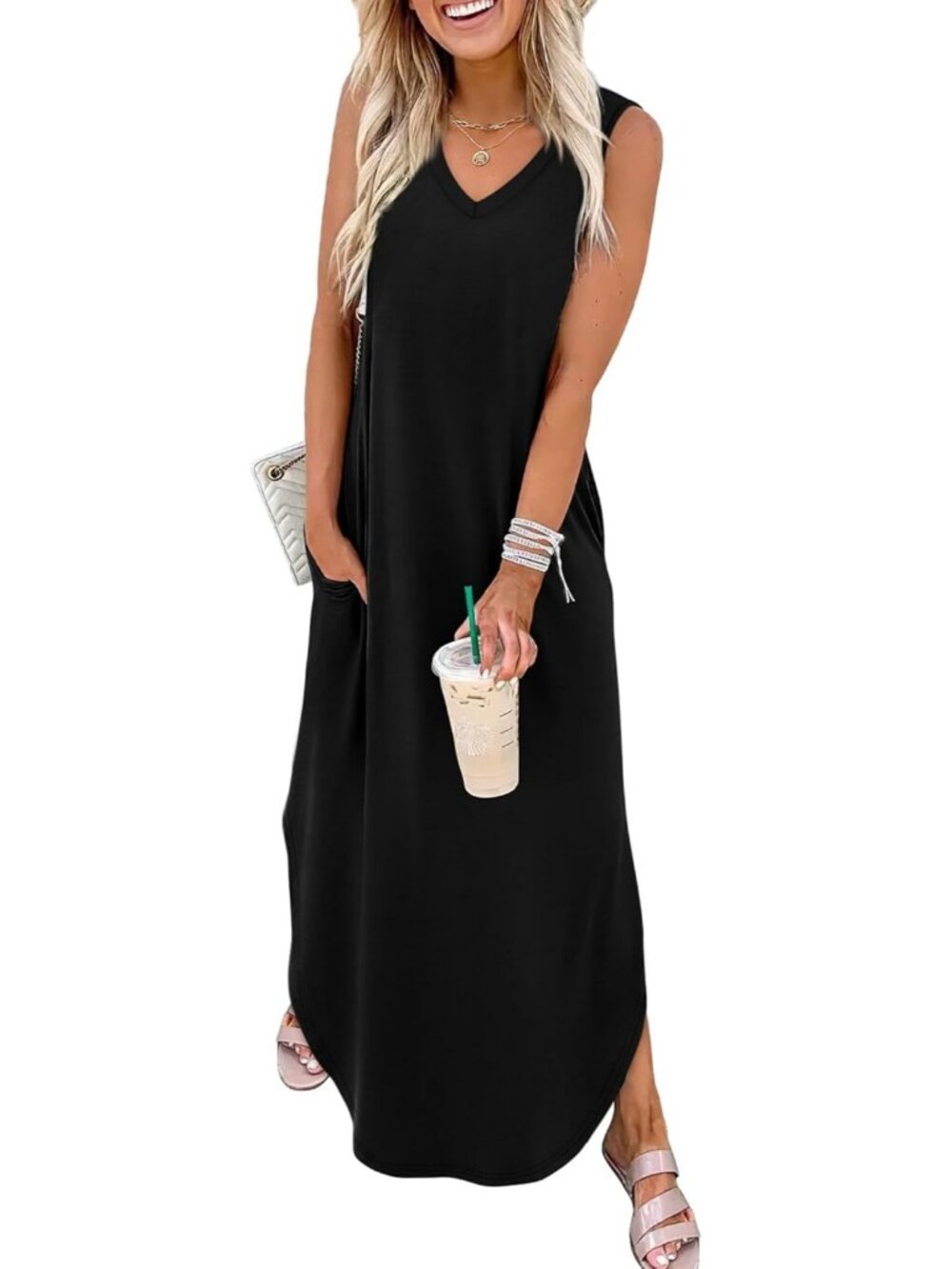Women's Black Summer Maxi Dress Beach Vacation Sundress with Pockets